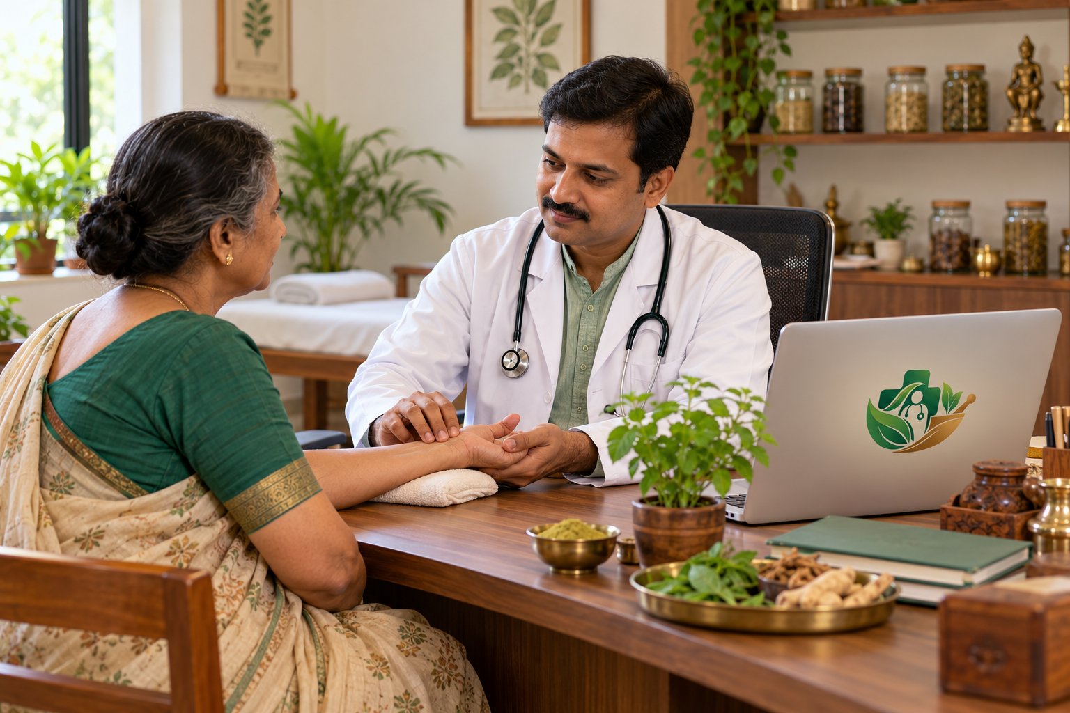 Ayurvedic doctor taking the pulse of an elderly patient during an OPD consultation