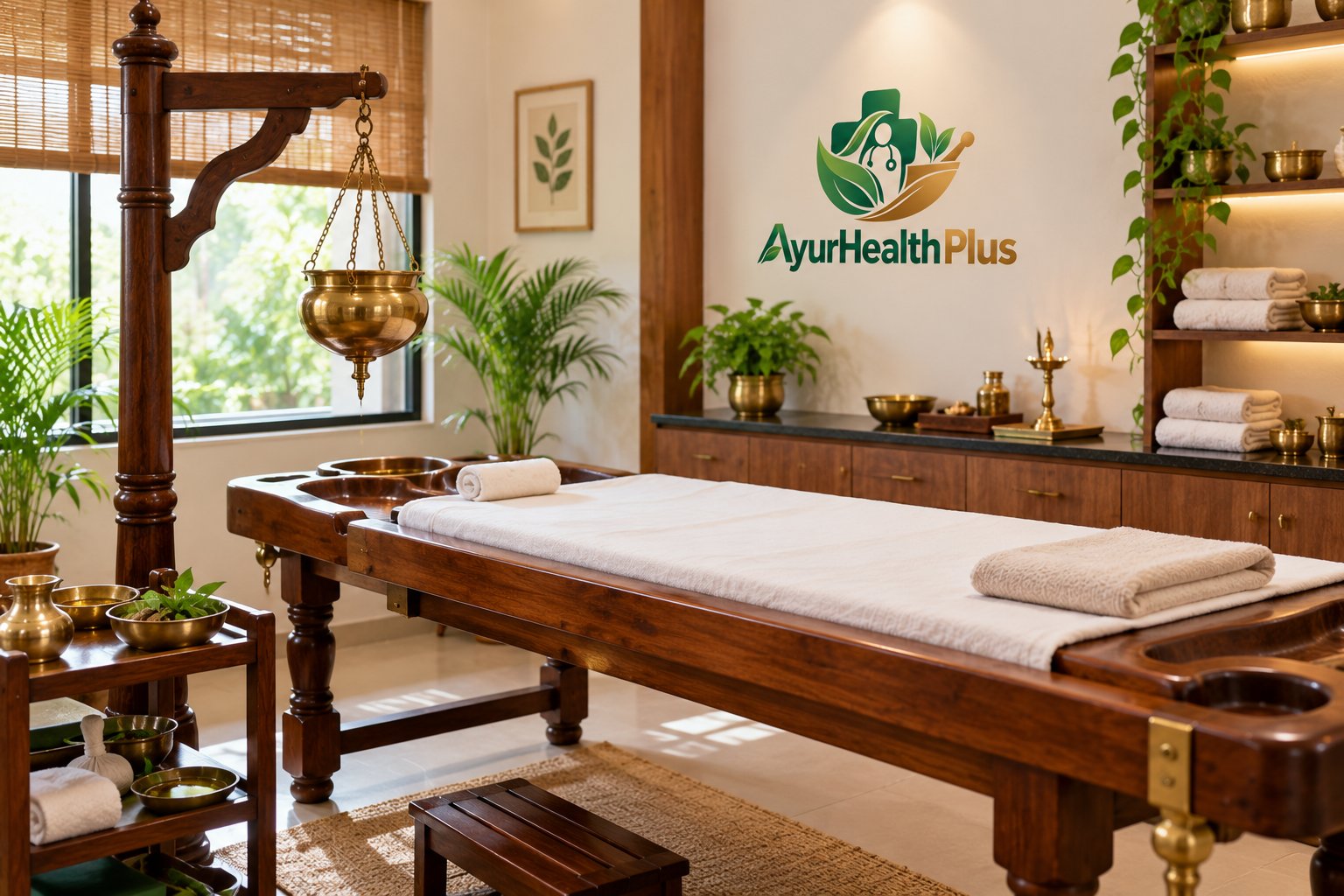 Panchakarma therapy room with a wooden droni and shirodhara vessel in an Ayurveda hospital
